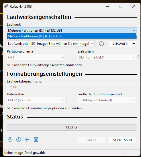 Rufus USB Stick auswählen